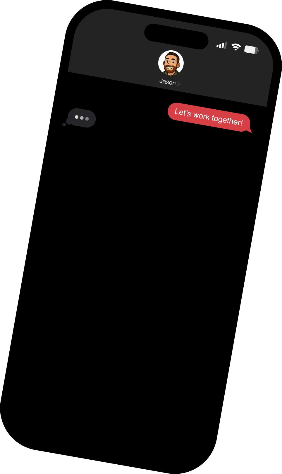Vector art of an iPhone with a text conversation with the potential client and Jason. Client says lets work together and jason is typing 